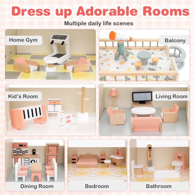 Wooden Corner Dollhouse Playset Pink Roof Doll House-Pink