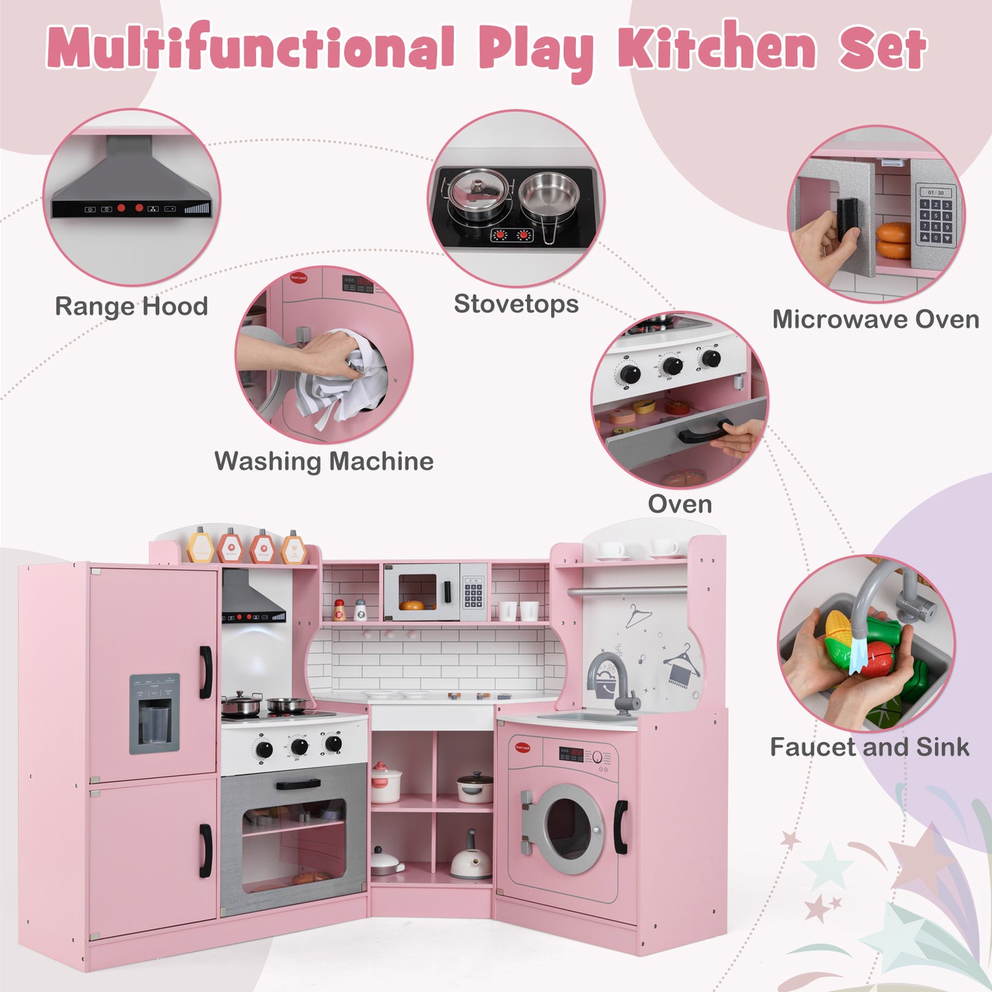 Wooden Corner Play Kitchen with Sounds and Lights-Pink