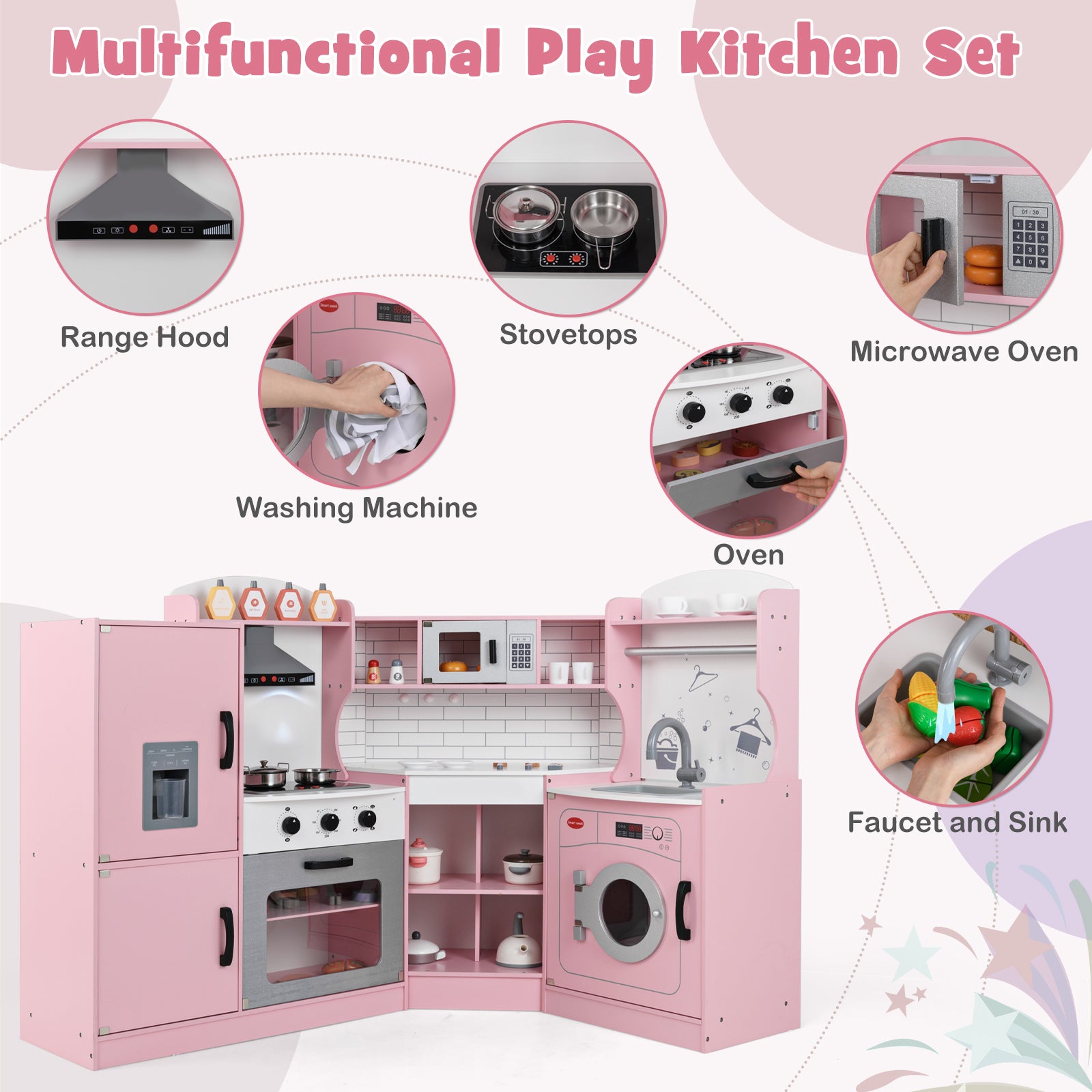 Wooden Corner Play Kitchen with Sounds and Lights-Pink