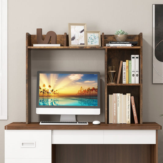 Wooden Desk Bookshelf with 4 Shelves and Open Back Compartment-Rustic Brown