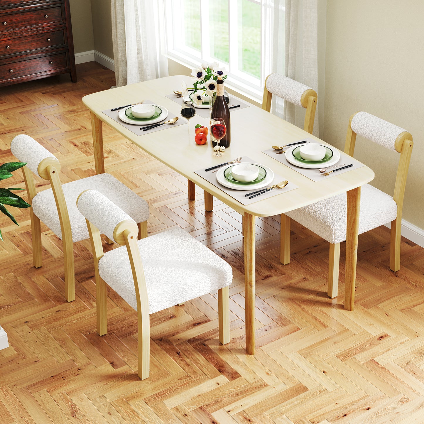 Wooden Dining Chair Set of 2 Faux Sherpa Upholstered Kitchen Chairs-White