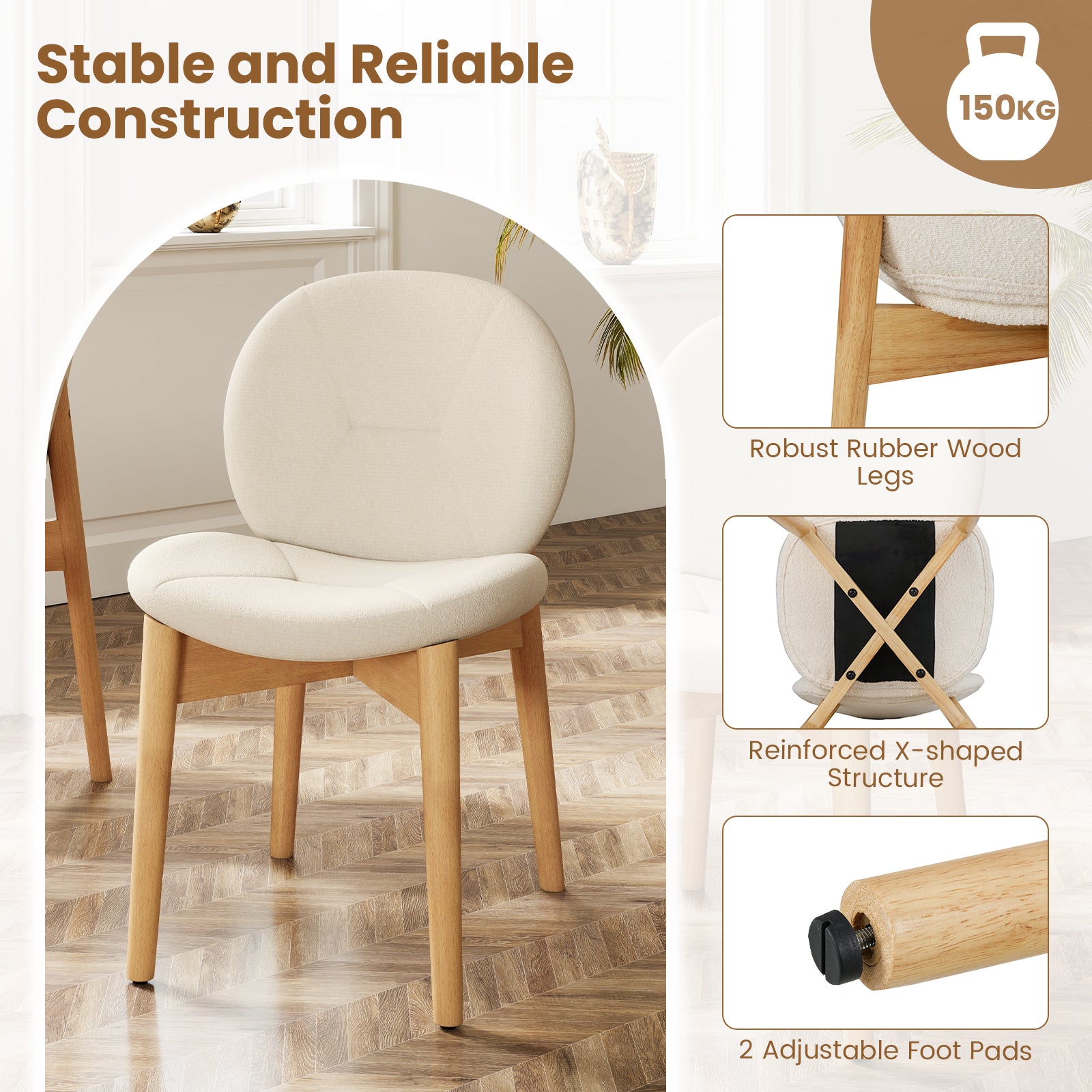 Wooden Dining Chairs Set of 4 Soft Boucle Upholstered Kitchen Chairs