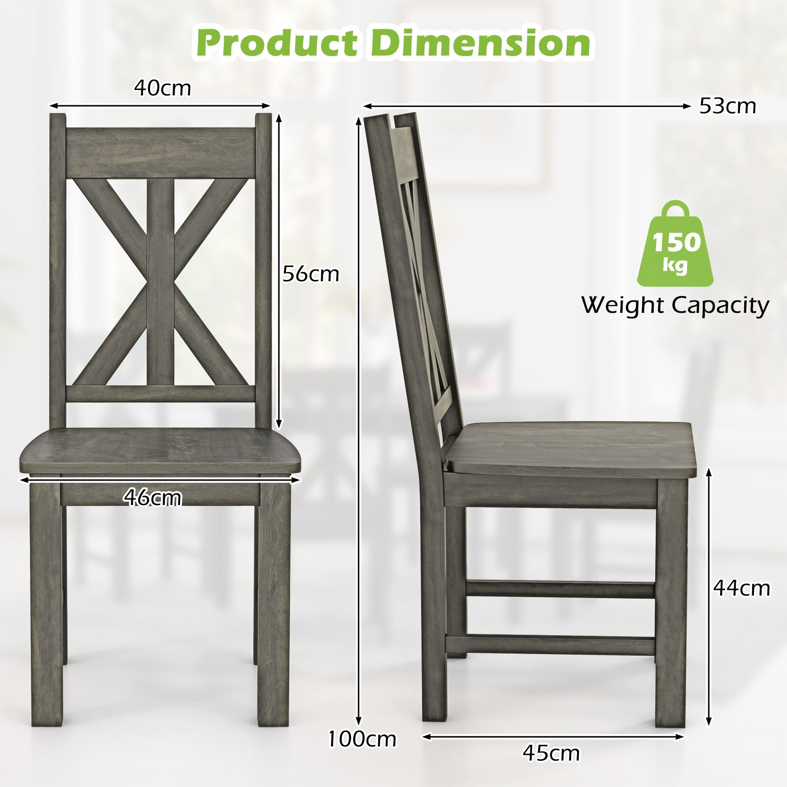 Wooden Dining Chairs Set of 2 with Rubber Wood Frame and Elegant Hollowed Backrest-Grey