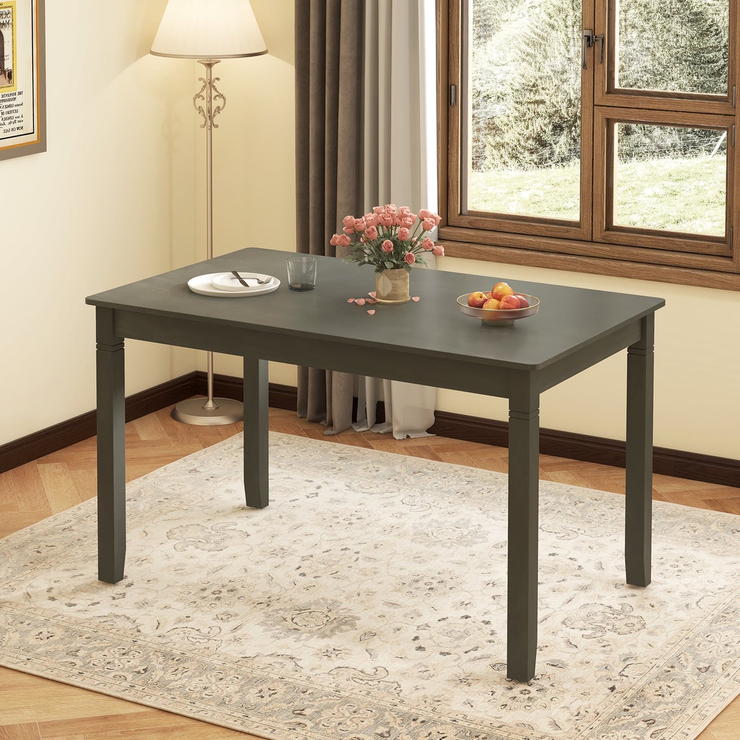 Wooden Rectangular Dining Table with Rubber Wood Legs for 4 People-Grey