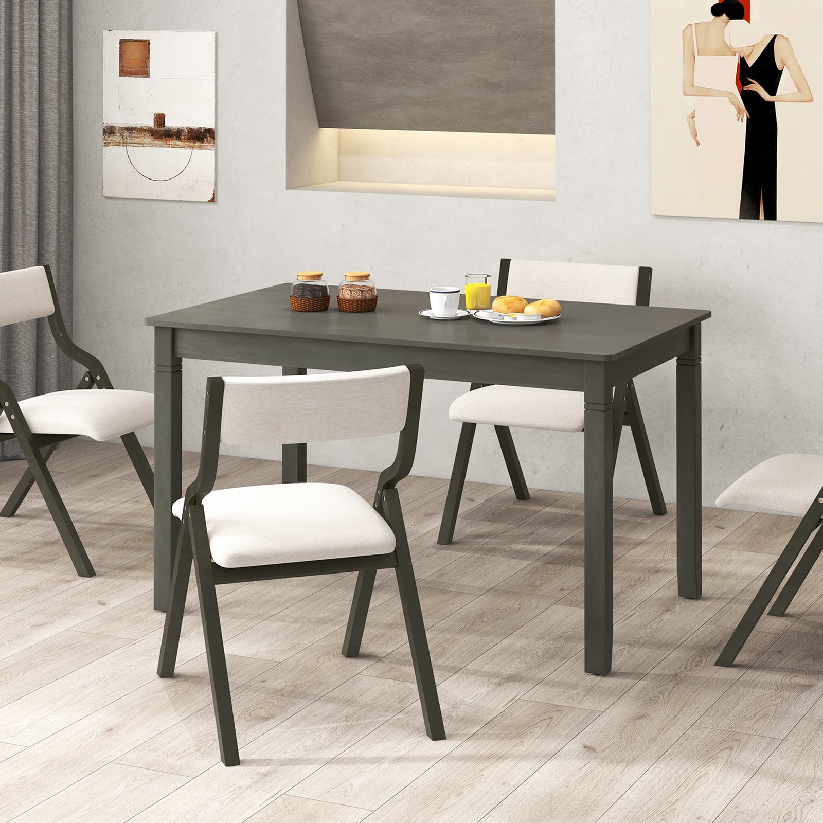 Wooden Rectangular Dining Table with Rubber Wood Legs for 4 People-Grey