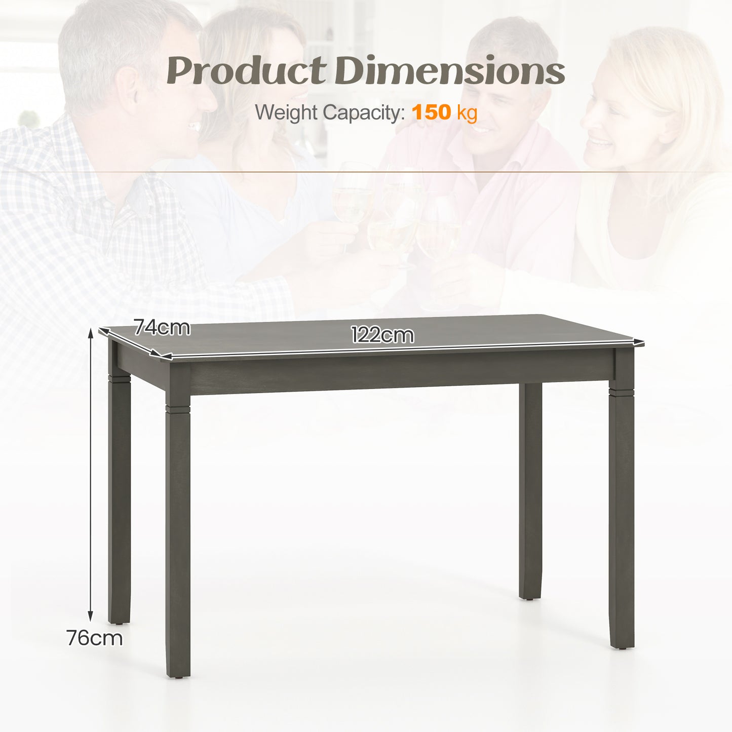 Wooden Rectangular Dining Table with Rubber Wood Legs for 4 People-Grey
