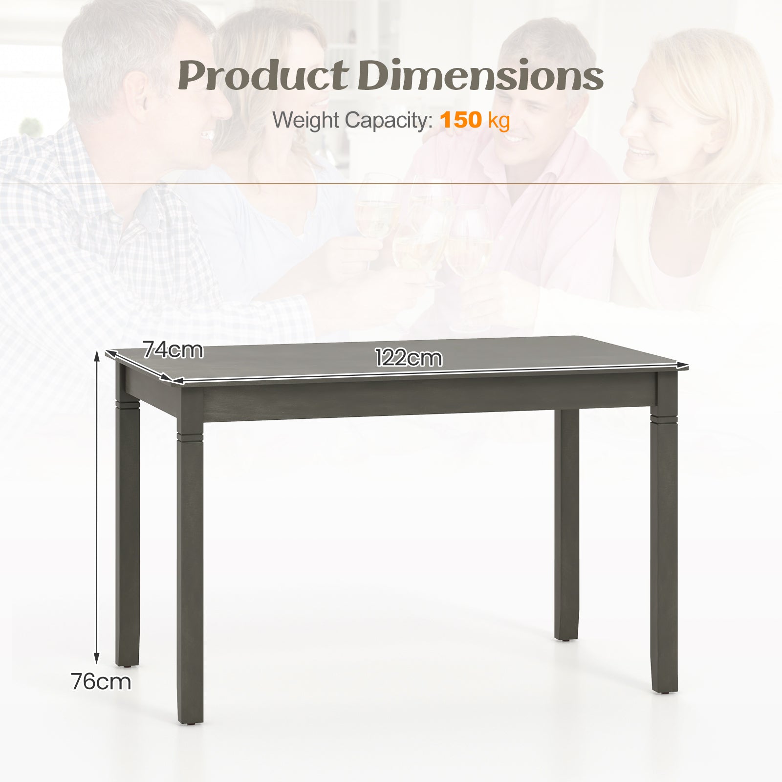Wooden Rectangular Dining Table with Rubber Wood Legs for 4 People-Grey
