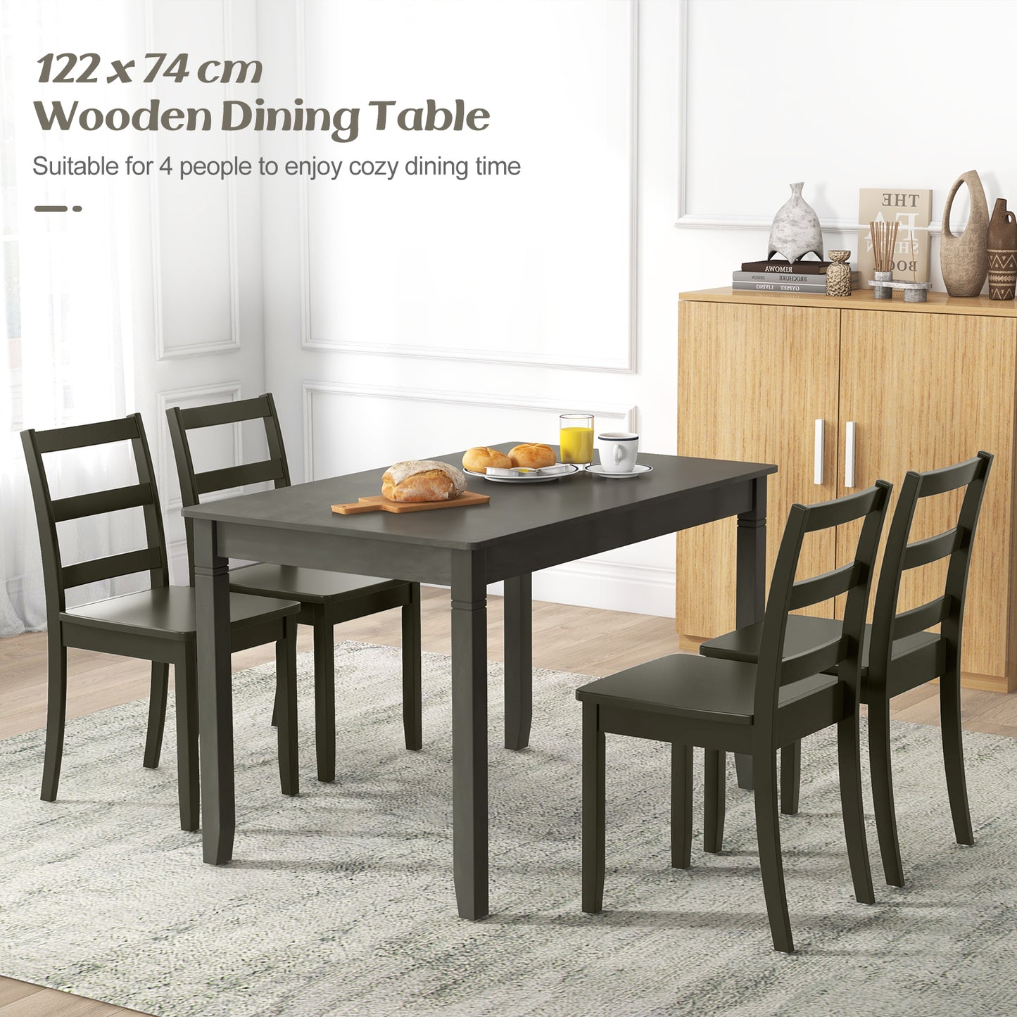 Wooden Rectangular Dining Table with Rubber Wood Legs for 4 People-Grey