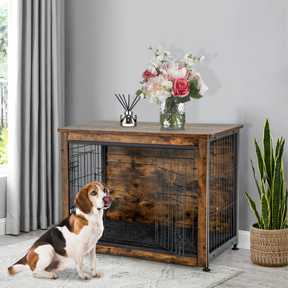 Wooden Dog Cage Furniture with Double Doors and Cushion-Rustic Brown