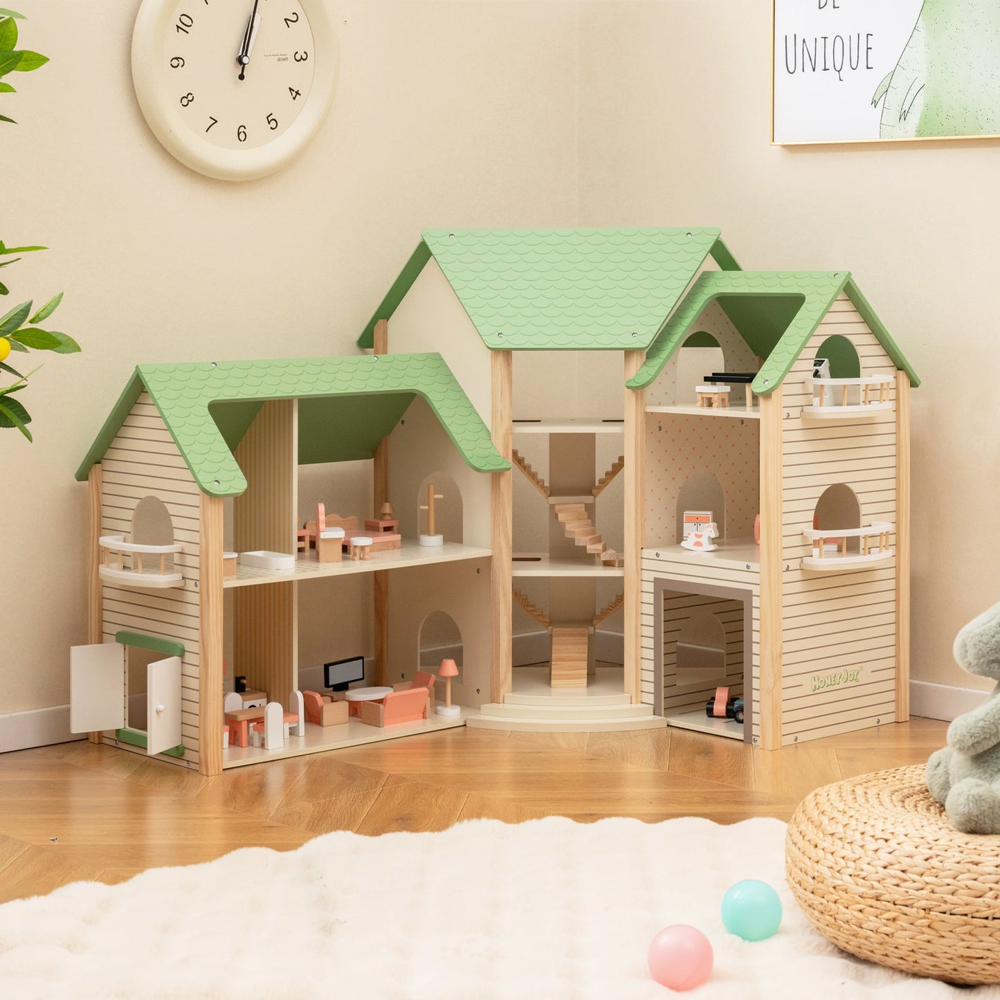 Wooden Dollhouse with 36 Pieces Accessories for Kids-Green