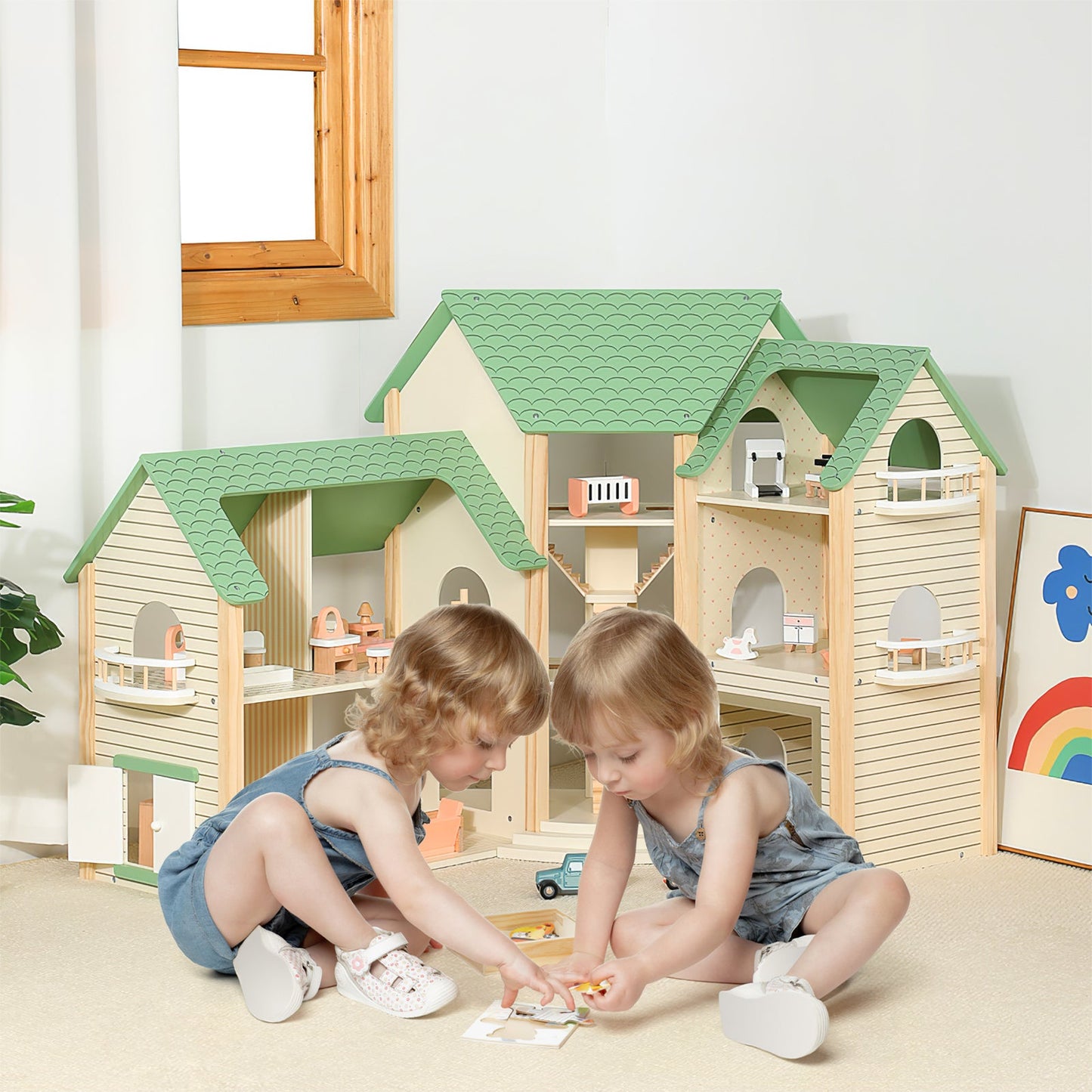 Wooden Dollhouse with 36 Pieces Accessories for Kids-Green