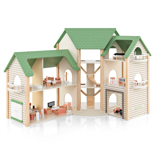  Wooden Dollhouse with 36 Pieces Accessories for Kids-Green