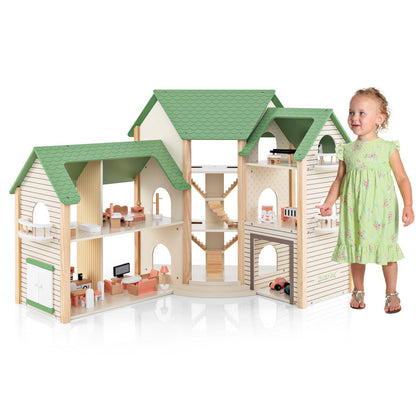 Wooden Dollhouse with 36 Pieces Accessories for Kids-Green