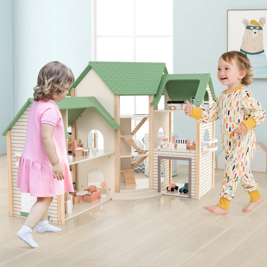Wooden Corner DIY Dollhouse Playset with 34 Pieces of Furniture and Accessories-Green
