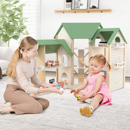 Wooden Corner DIY Dollhouse Playset with 34 Pieces of Furniture and Accessories-Green
