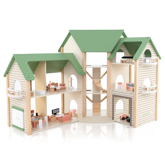 Wooden Corner DIY Dollhouse Playset with 34 Pieces of Furniture and Accessories-Green