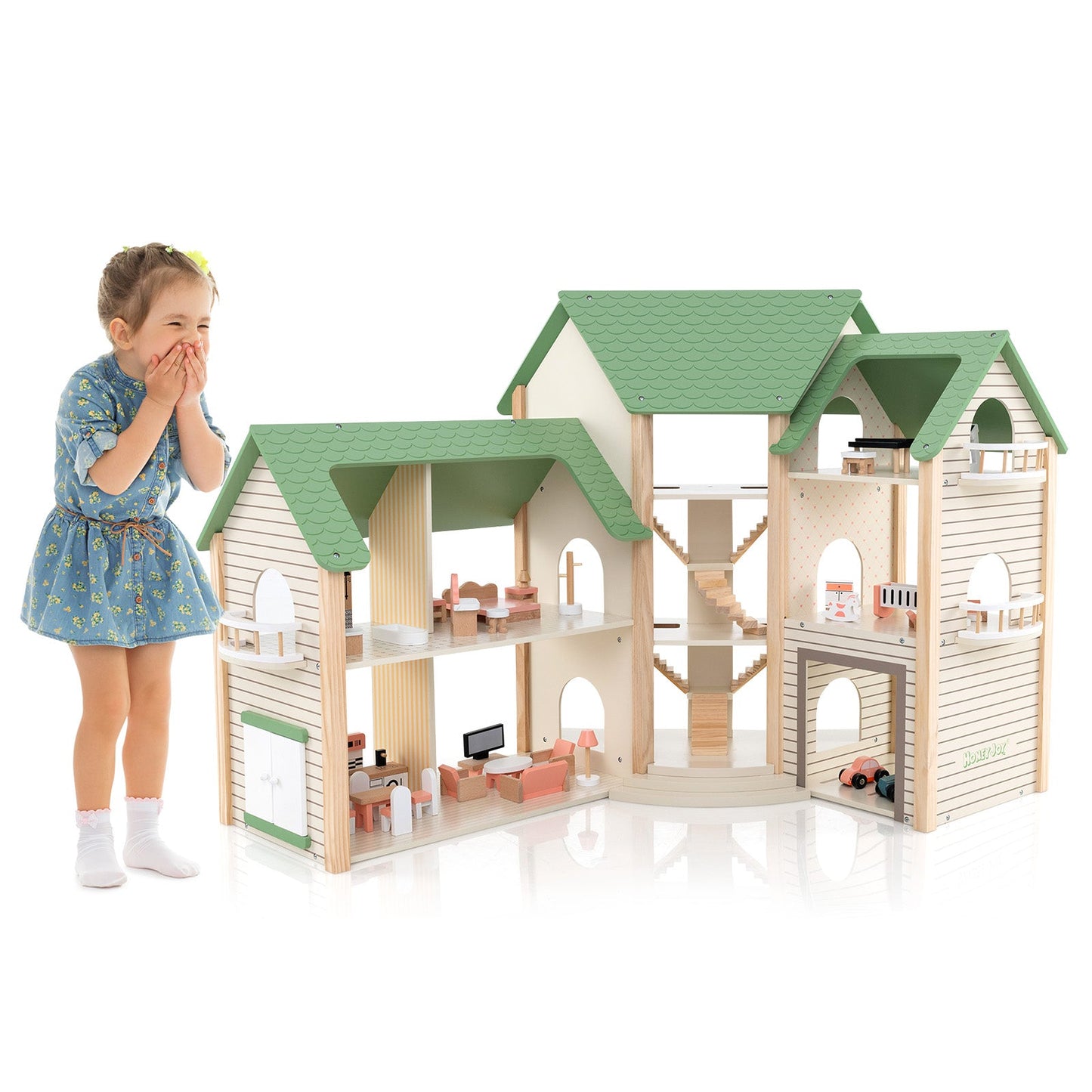 Wooden Corner DIY Dollhouse Playset with 34 Pieces of Furniture and Accessories-Green