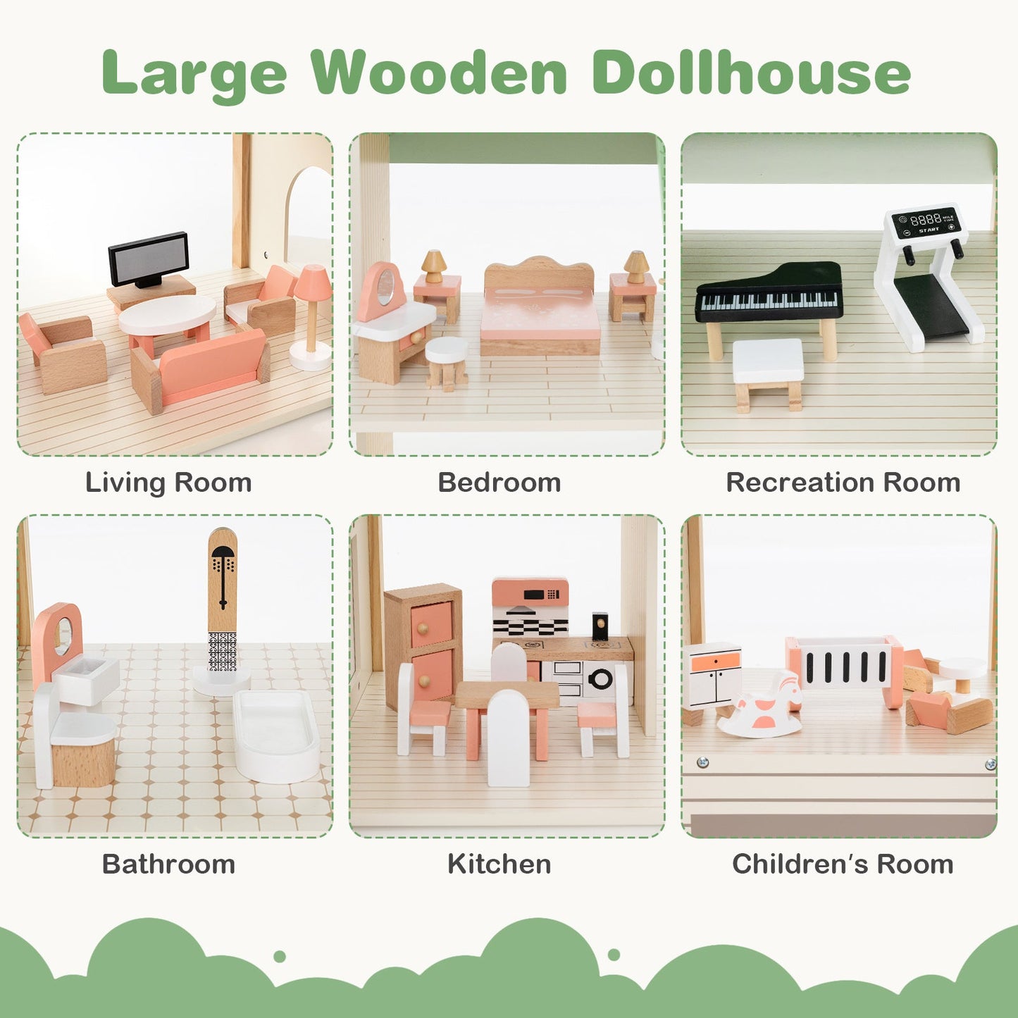 Wooden Corner DIY Dollhouse Playset with 34 Pieces of Furniture and Accessories-Green