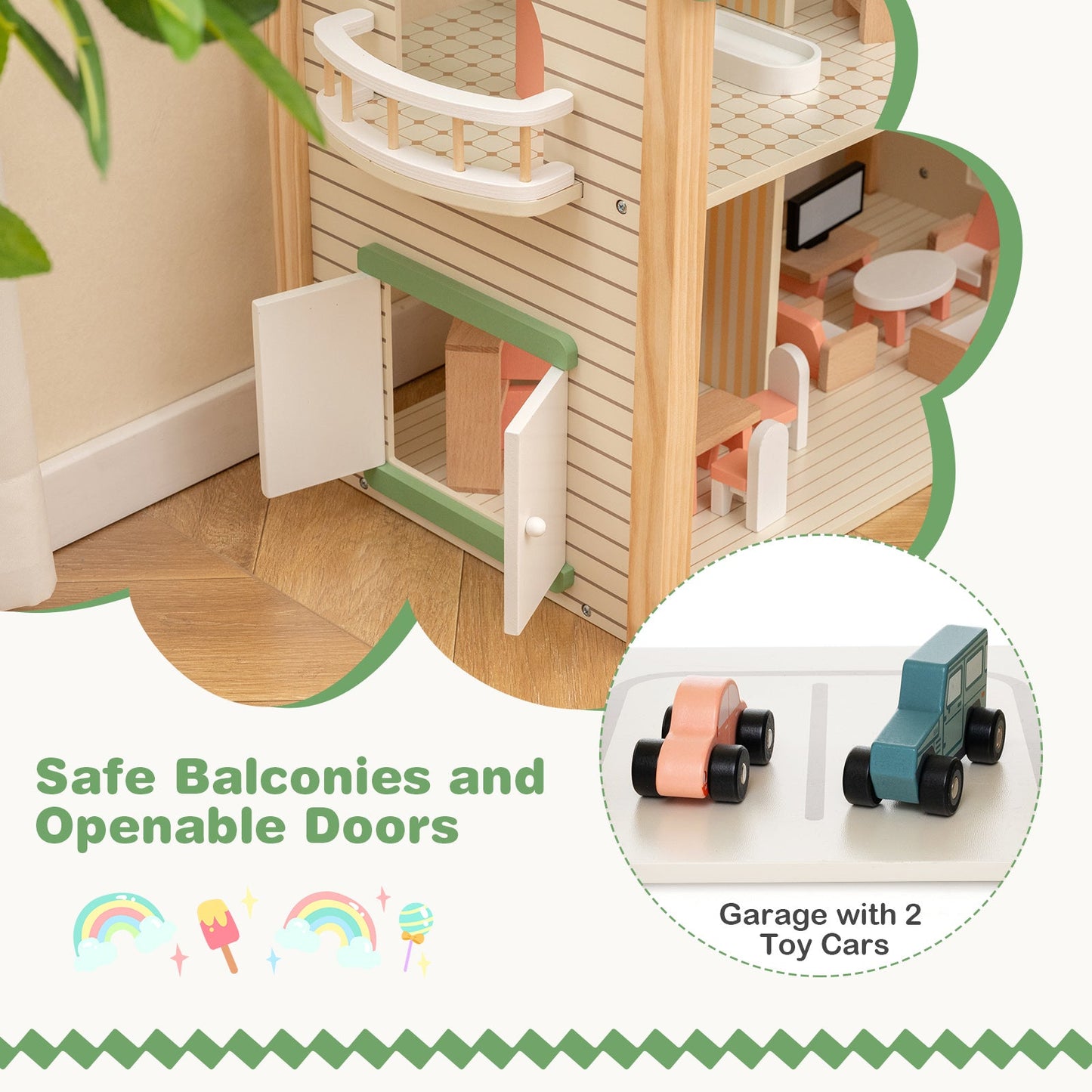 Wooden Corner DIY Dollhouse Playset with 34 Pieces of Furniture and Accessories-Green