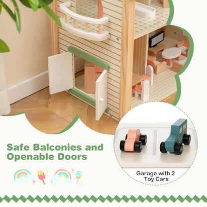 Wooden Corner DIY Dollhouse Playset with 34 Pieces of Furniture and Accessories-Green
