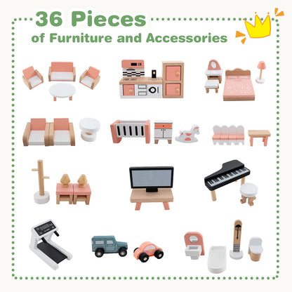 Wooden Corner DIY Dollhouse Playset with 34 Pieces of Furniture and Accessories-Green