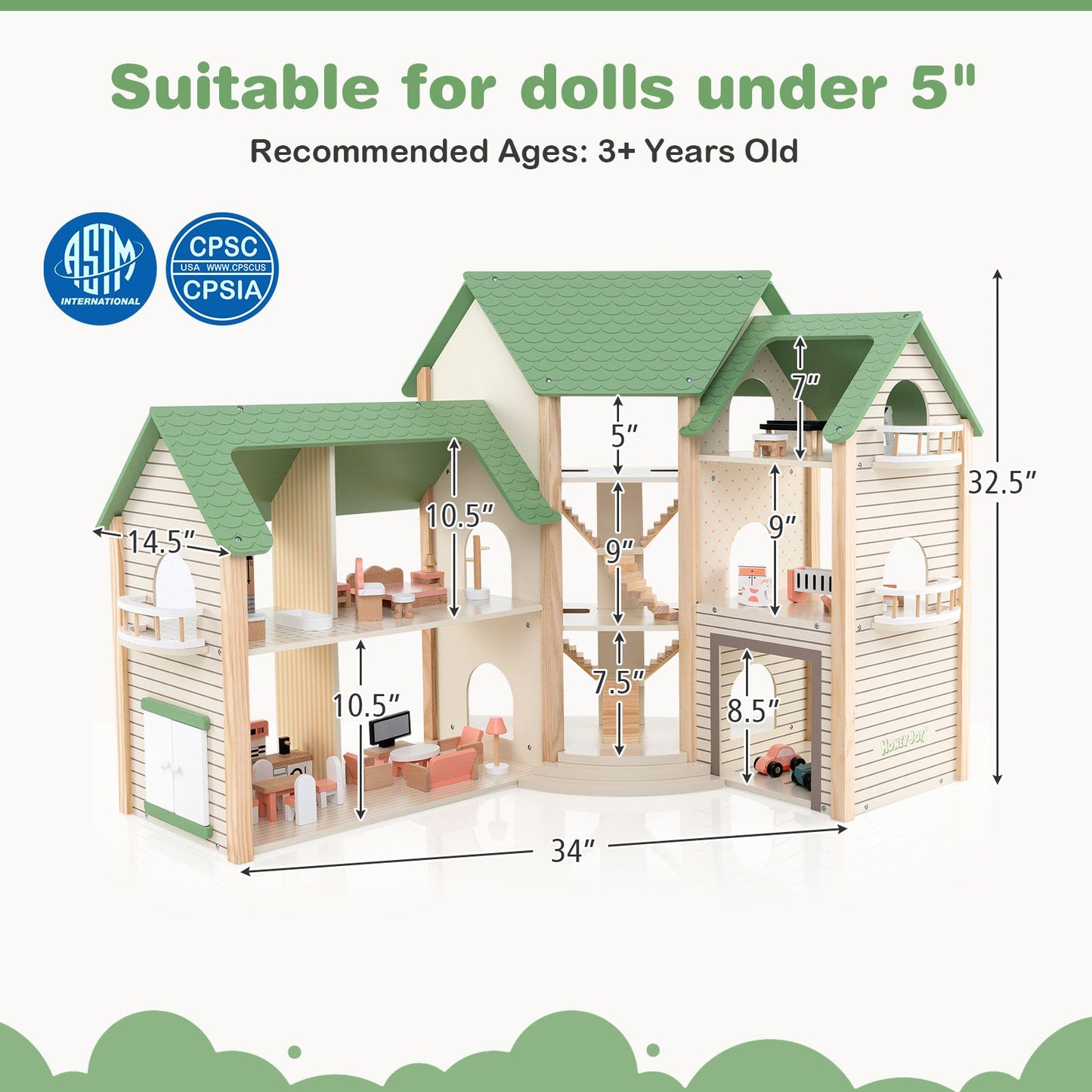 Wooden Corner DIY Dollhouse Playset with 34 Pieces of Furniture and Accessories-Green