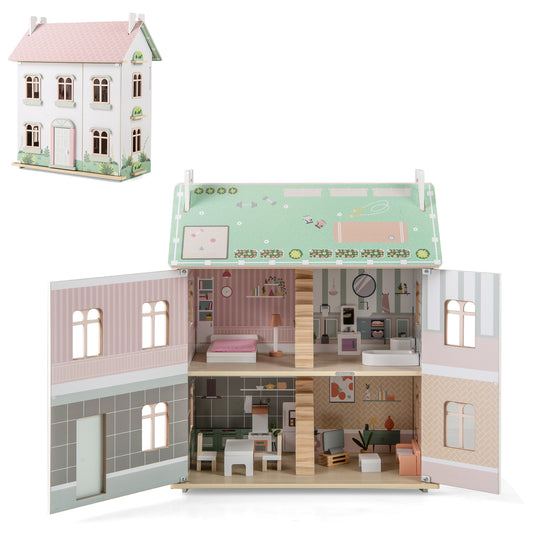 Wooden Dollhouse with Furniture and Accessories for Kids-Pink
