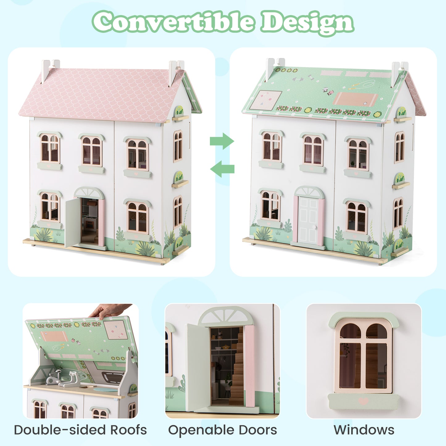 Wooden Dollhouse with Furniture and Accessories for Kids-Pink