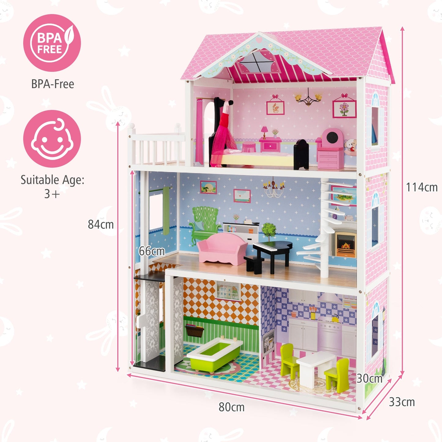 Wooden Dollhouse with Working Elevator and Rotatable Staircase-Pink