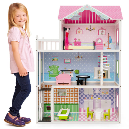 Wooden Dollhouse with Working Elevator and Rotatable Staircase-Pink