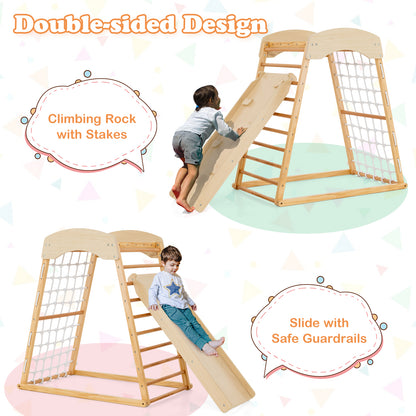 6-in-1 Jungle Gym Wooden Indoor Playground with Double-sided Ramp-Natural
