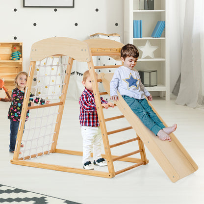 6-in-1 Jungle Gym Wooden Indoor Playground with Double-sided Ramp-Natural
