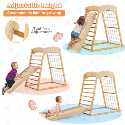 6-in-1 Jungle Gym Wooden Indoor Playground with Double-sided Ramp-Natural