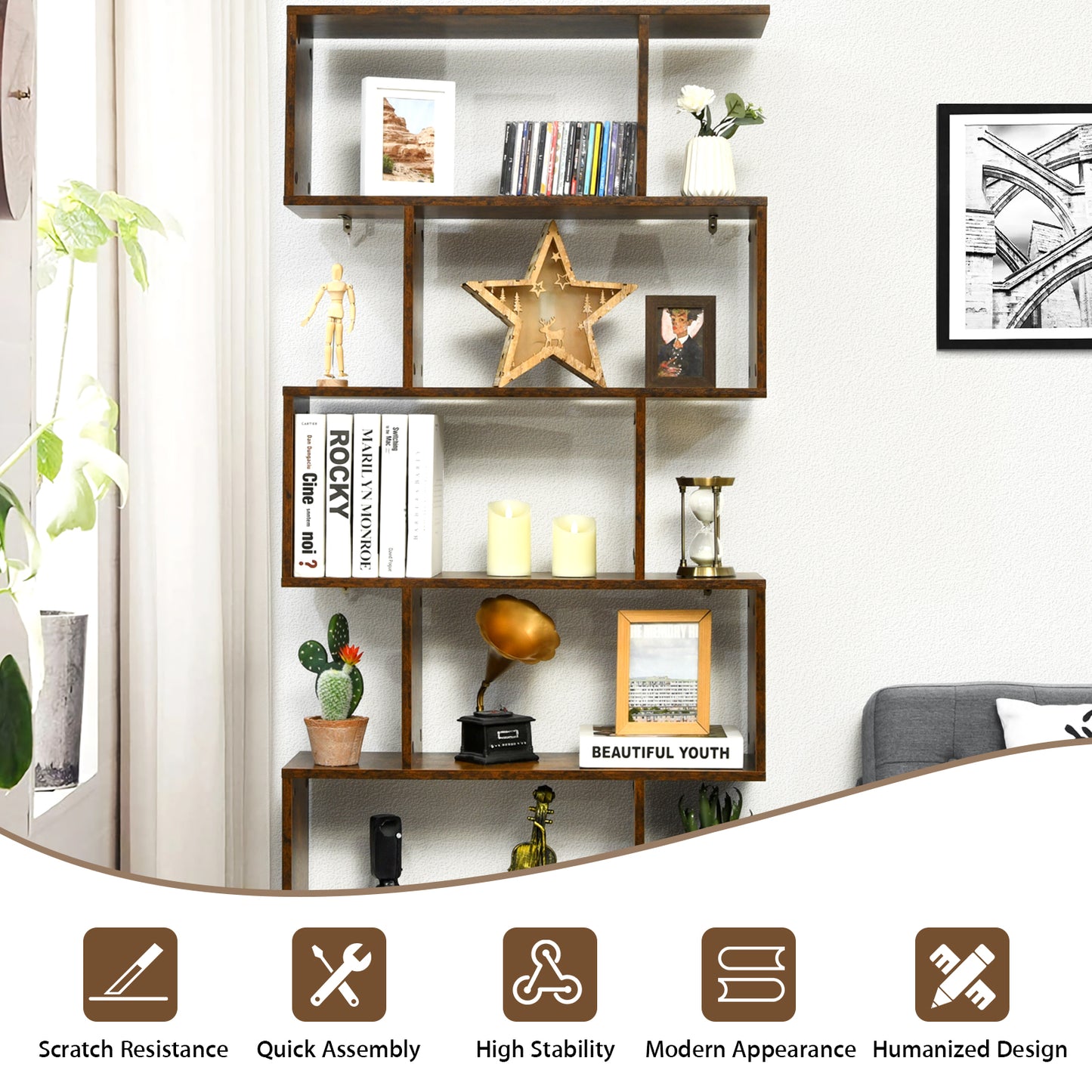 6-tier S-shaped Wooden Industrial Bookshelf-Brown