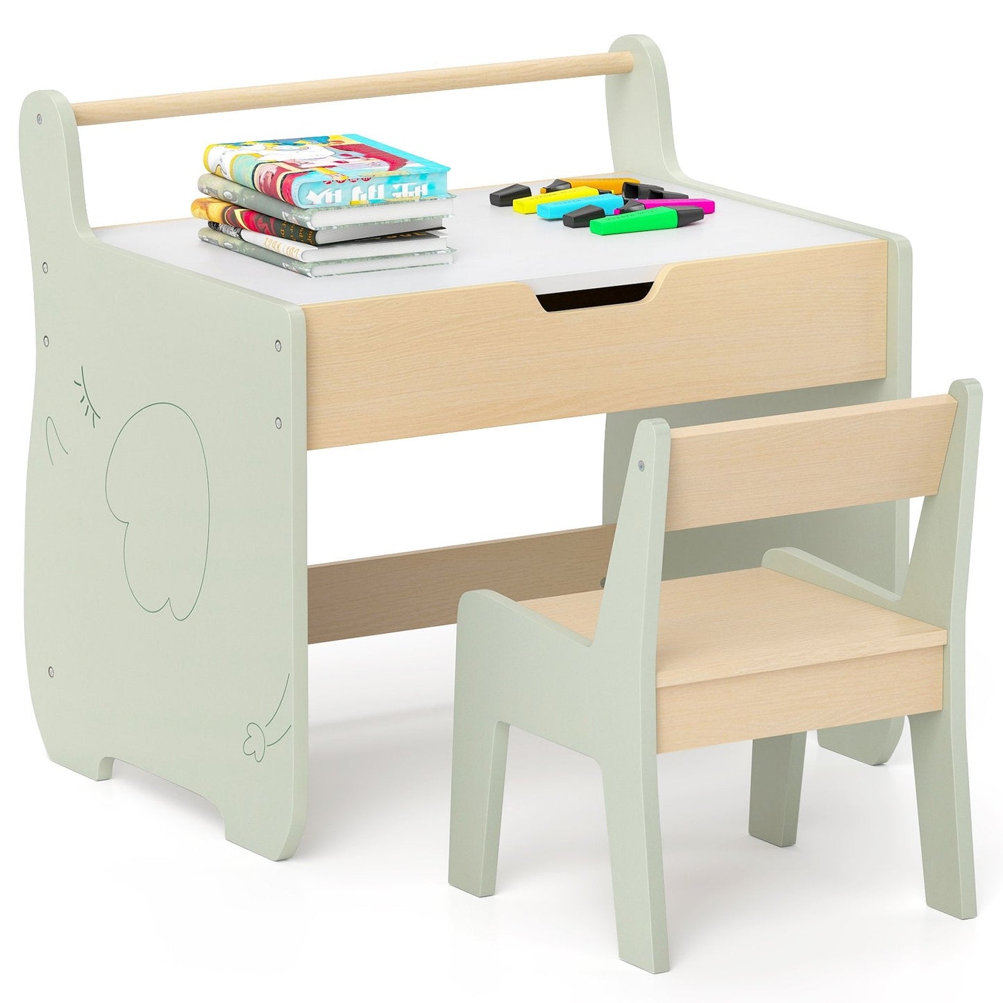 Wooden Kids Activity Table and Chair Set with 2 in 1 Detachable Tabletop-Green