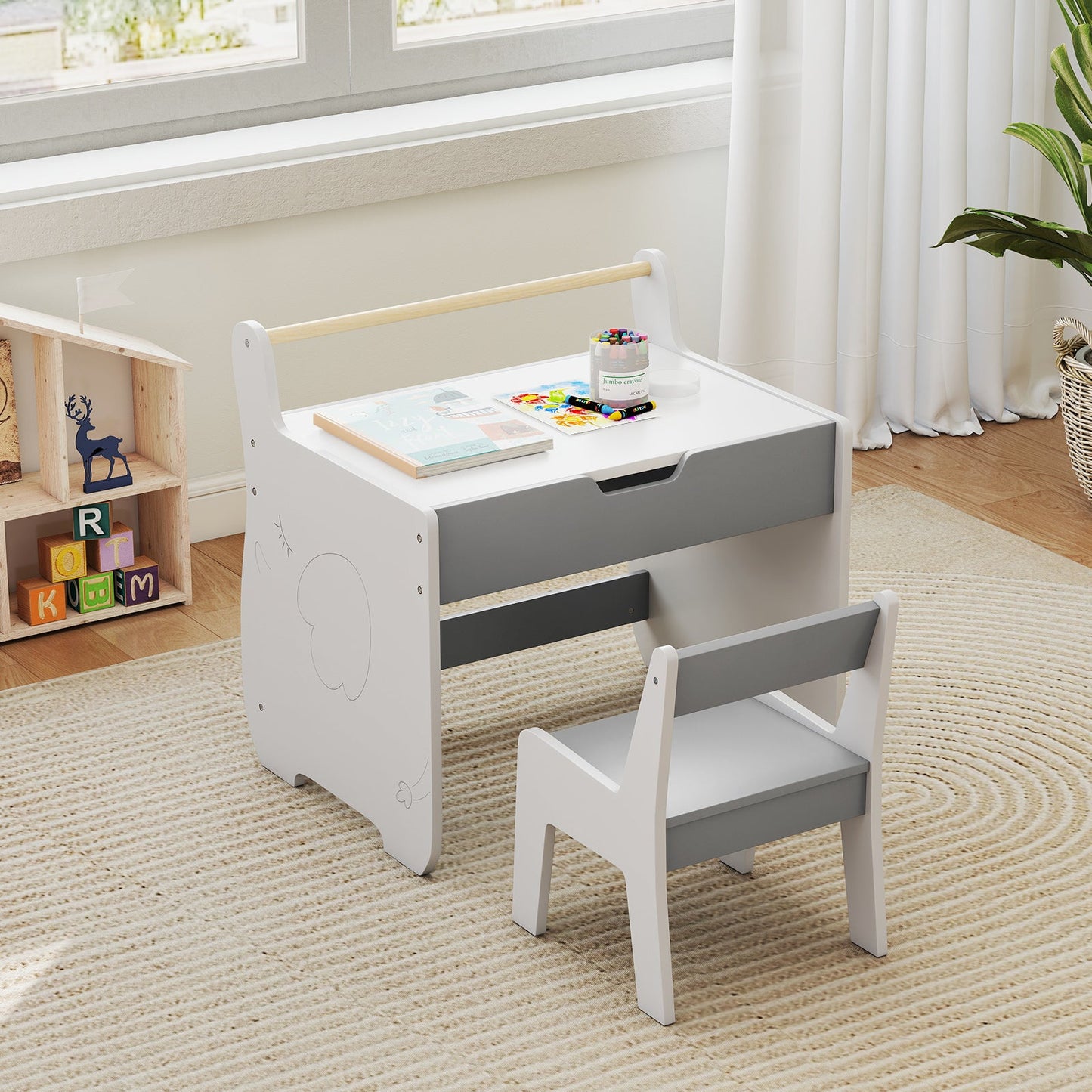 Wooden Kids Activity Table and Chair Set with 2 in 1 Detachable Tabletop-Light Grey