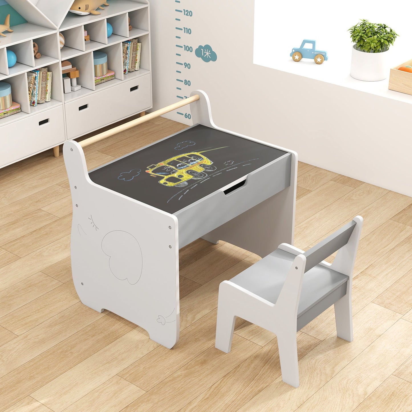 Wooden Kids Activity Table and Chair Set with 2 in 1 Detachable Tabletop-Light Grey