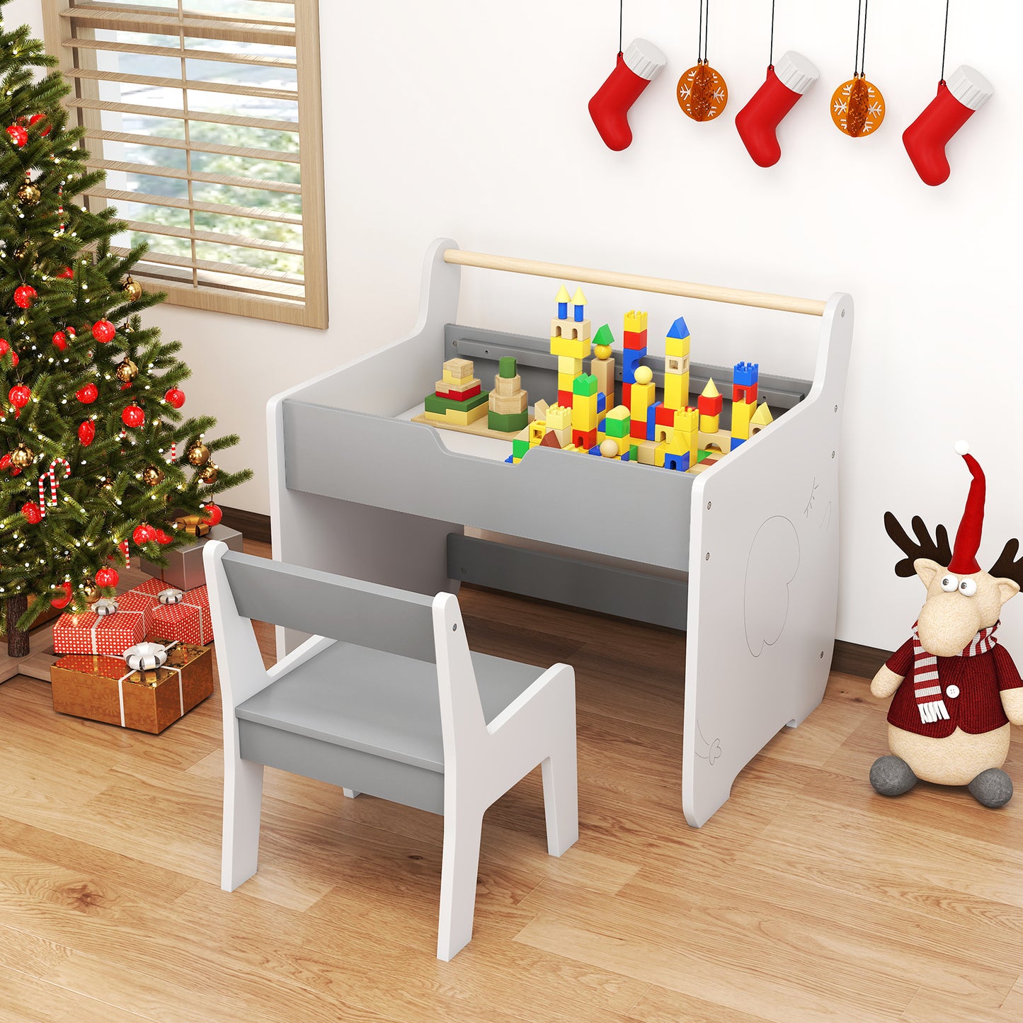 Wooden Kids Activity Table and Chair Set with 2 in 1 Detachable Tabletop-Light Grey
