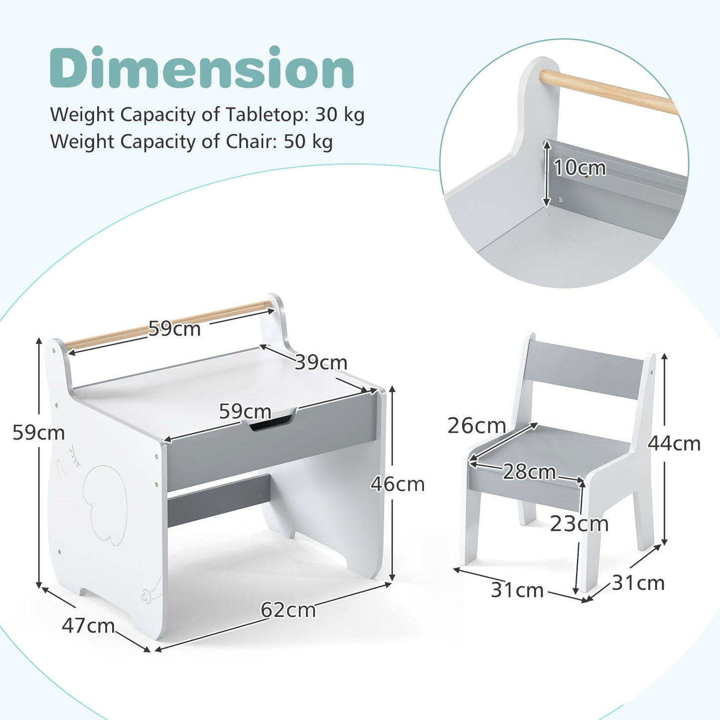 Wooden Kids Activity Table and Chair Set with 2 in 1 Detachable Tabletop-Light Grey