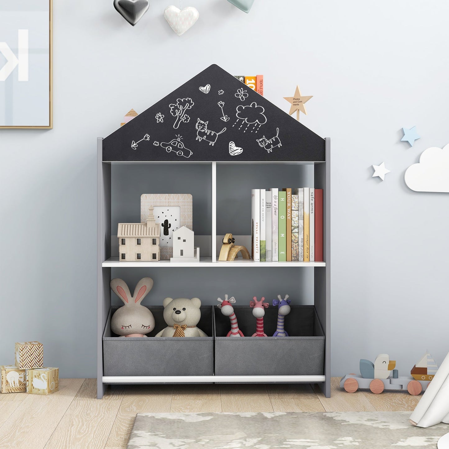 Wooden Kids Dollhouse Bookshelf Toy Storage Organizer with Chalkboard-Grey