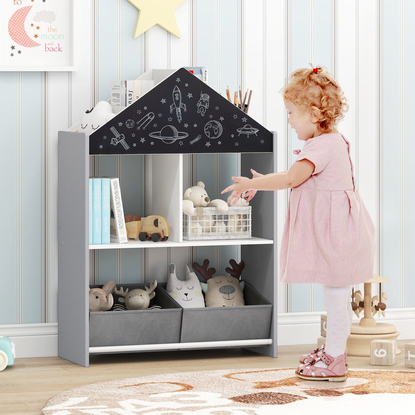 Wooden Kids Dollhouse Bookshelf Toy Storage Organizer with Chalkboard-Grey