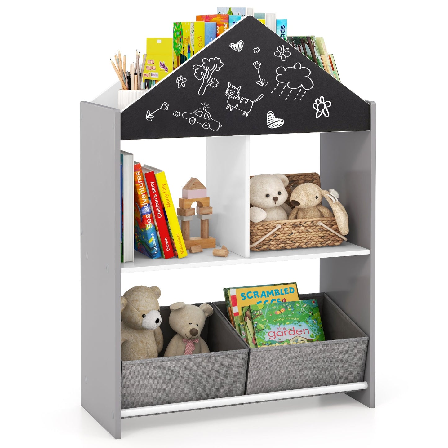 Wooden Kids Dollhouse Bookshelf Toy Storage Organizer with Chalkboard-Grey