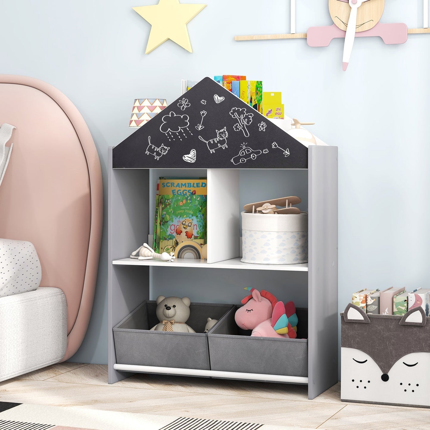 Wooden Kids Dollhouse Bookshelf Toy Storage Organizer with Chalkboard-Grey