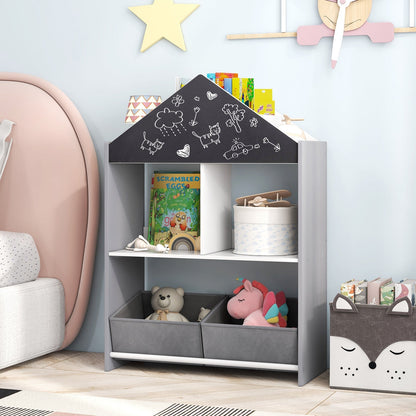 Wooden Kids Dollhouse Bookshelf Toy Storage Organizer with Chalkboard-Grey