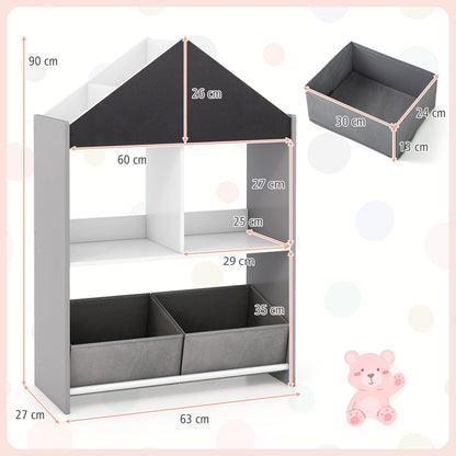 Wooden Kids Dollhouse Bookshelf Toy Storage Organizer with Chalkboard-Grey
