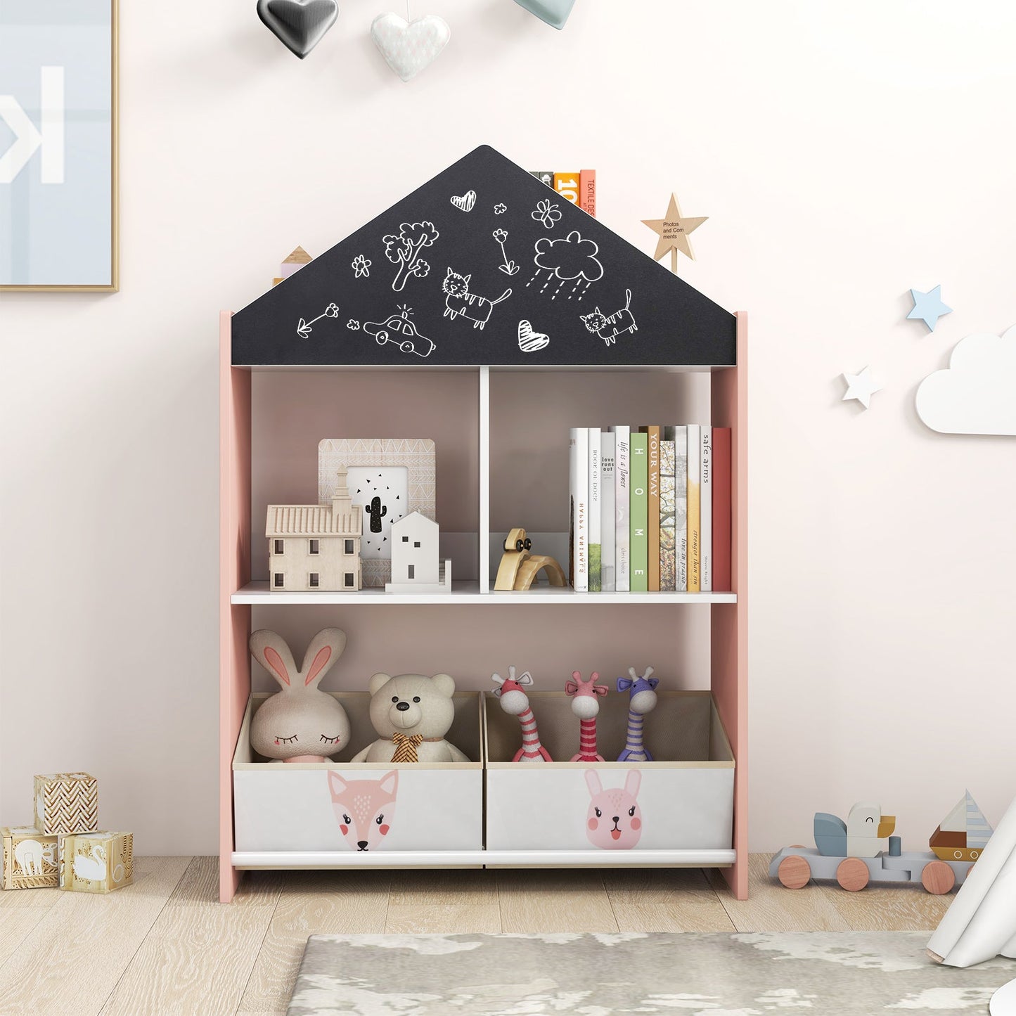 Wooden Kids Dollhouse Bookshelf Toy Storage Organizer with Chalkboard-Pink