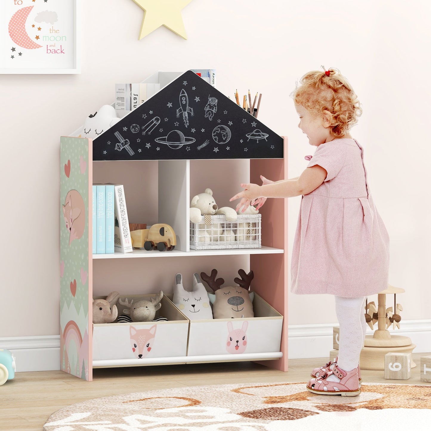 Wooden Kids Dollhouse Bookshelf Toy Storage Organizer with Chalkboard-Pink