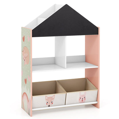 Wooden Kids Dollhouse Bookshelf Toy Storage Organizer with Chalkboard-Pink