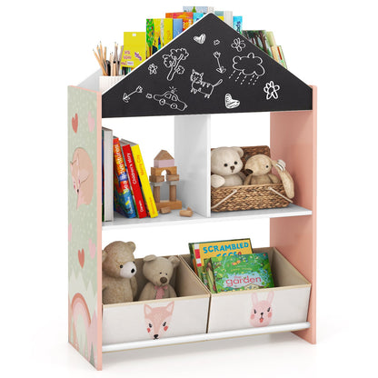 Wooden Kids Dollhouse Bookshelf Toy Storage Organizer with Chalkboard-Pink