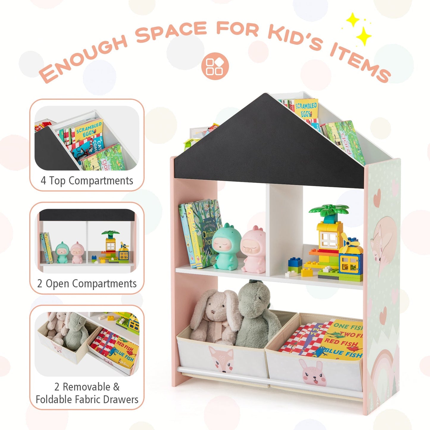 Wooden Kids Dollhouse Bookshelf Toy Storage Organizer with Chalkboard-Pink
